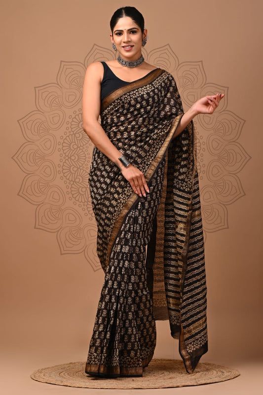 Exclusive Hand Block Printed Maheshwari Silk Saree (SWSRMAH01)