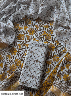 Designer Hand Block Print Cotton Suit Set with Mulmul Dupatta