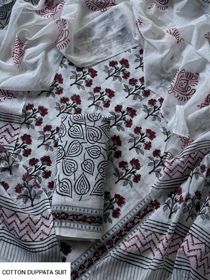 ELEGANT HAND BLOCK PRINT COTTON SUIT SET WITH MULMUL DUPATTA