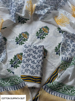 ELEGANT HAND BLOCK PRINT COTTON SUIT SET WITH MULMUL DUPATTA