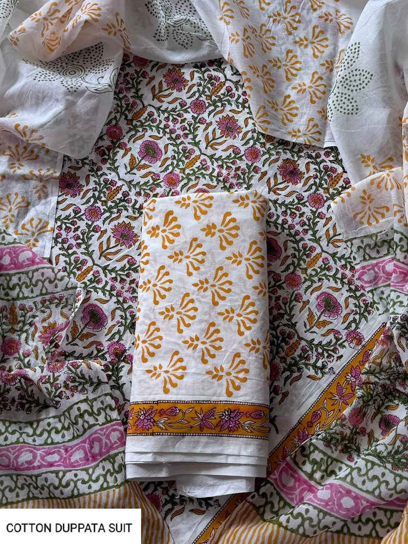 ELEGANT HAND BLOCK PRINT COTTON SUIT SET WITH MULMUL DUPATTA