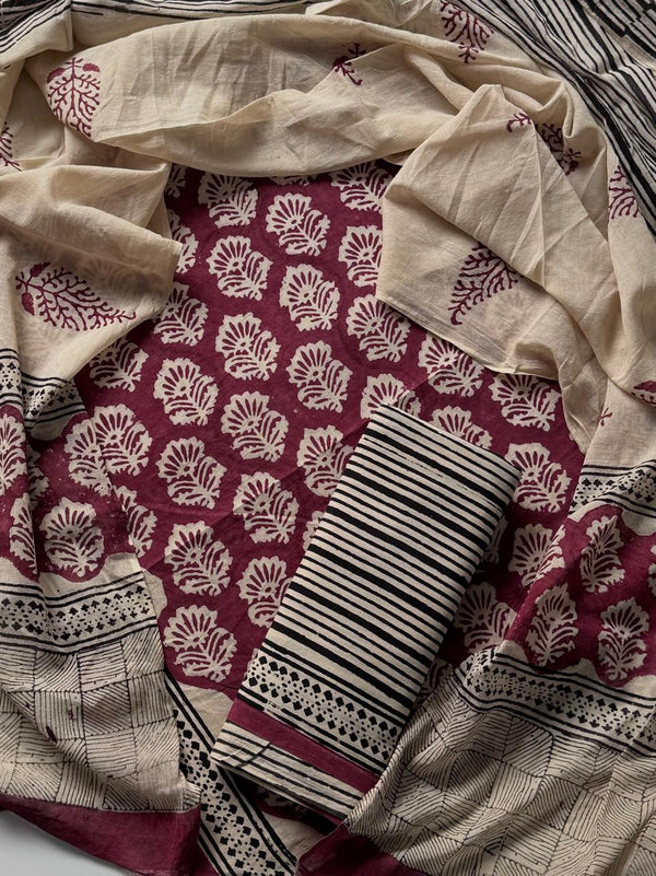 HAND BLOCK PRINT COTTON SUIT SET WITH MULMUL DUPATTA