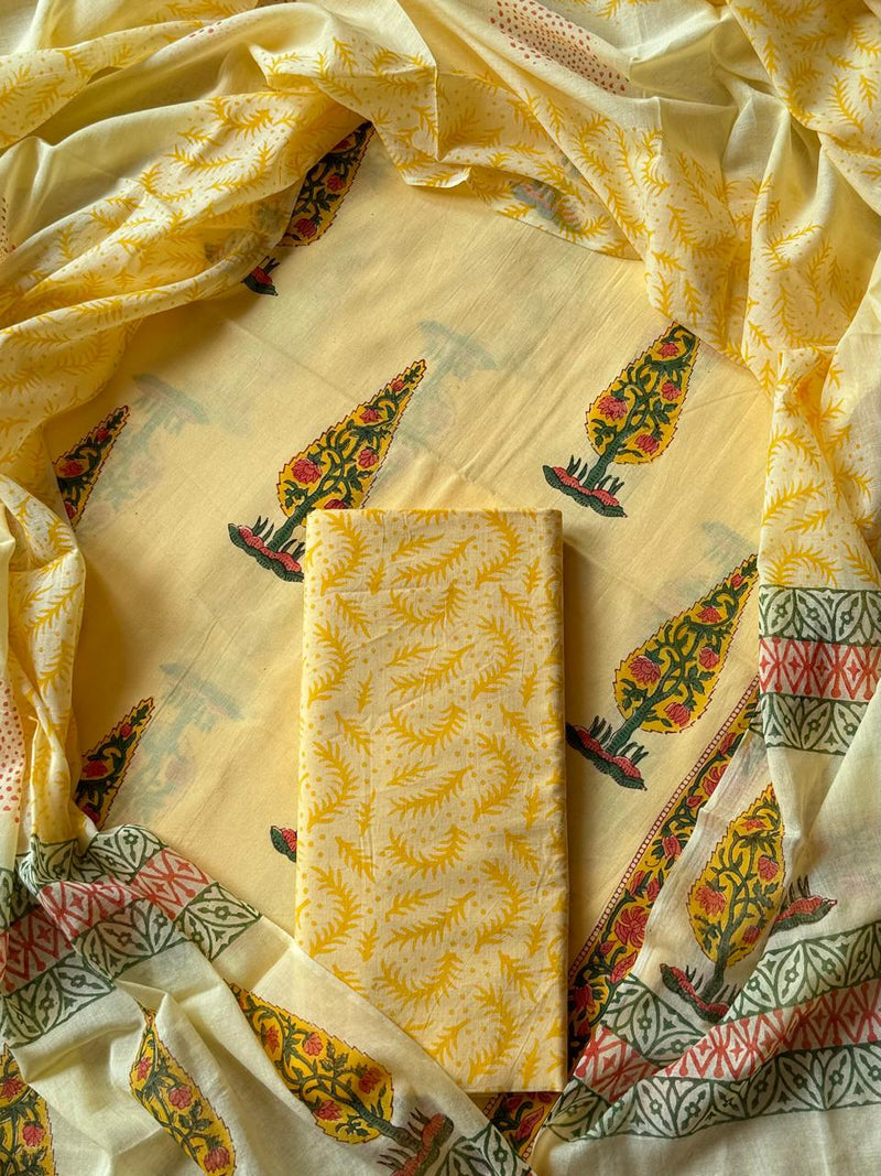 ELEGANT HAND BLOCK PRINT COTTON SUIT SET WITH MULMUL DUPATTA