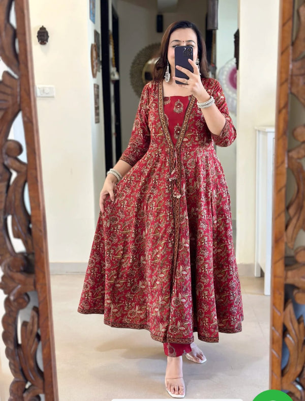 ♥️♥️“ NEW FULL COTTON PRINT HAND WORK ANARKALI KURTI PANT MALMAL DUPATTA ARRIVAL 😍💖(NFRD285)