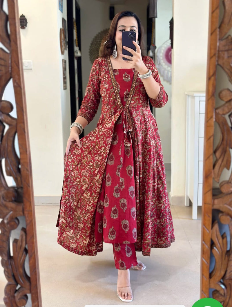 ♥️♥️“ NEW FULL COTTON PRINT HAND WORK ANARKALI KURTI PANT MALMAL DUPATTA ARRIVAL 😍💖(NFRD285)