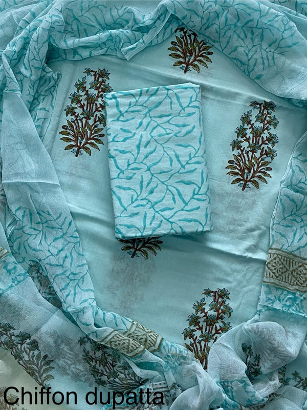 DESIGNER HAND BLOCK PRINT COTTON SUITSET WITH CHIFFON DUPATTA