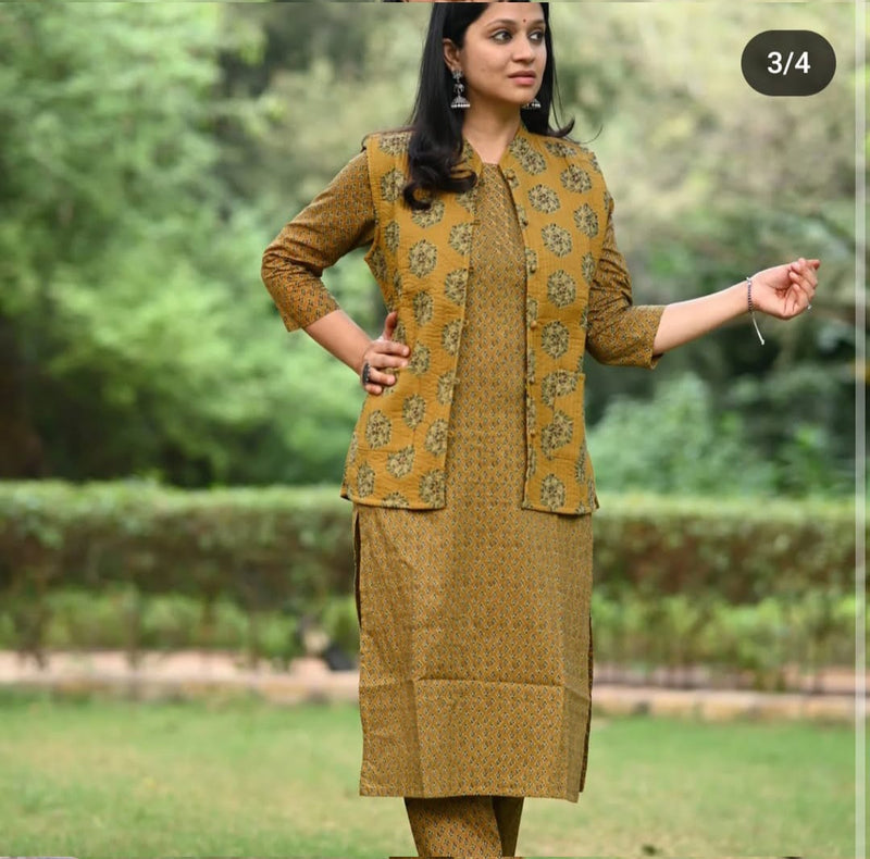 New Winter collection 2024-25🧥🧥  Winter Collection Of Cotton procin print Kurti Pant Set With Quilted cotton jacket