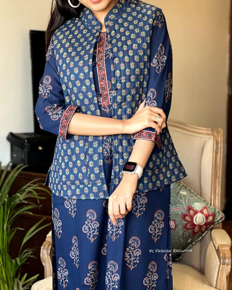 New Winter collection 2024-25🧥🧥  Winter Collection Of Cotton procin print Kurti Pant Set With Quilted cotton jacket