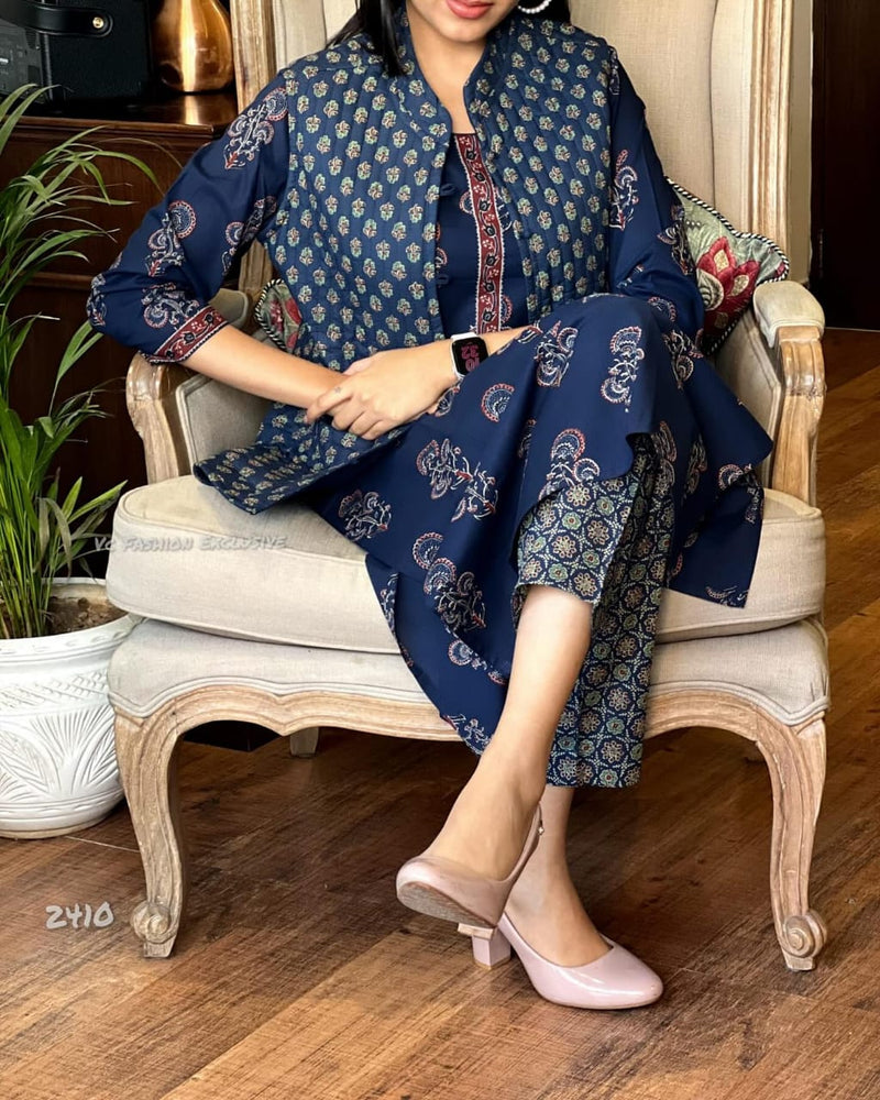 New Winter collection 2024-25🧥🧥  Winter Collection Of Cotton procin print Kurti Pant Set With Quilted cotton jacket