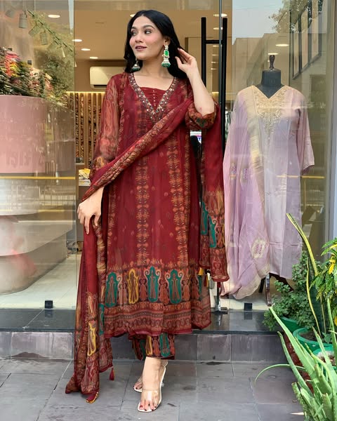 Beautiful pure premium chiffon digital printed Anarkali set with handwork on neck it has attached lining paired up with santoon slik pant and Organza digital printed dupatta sets