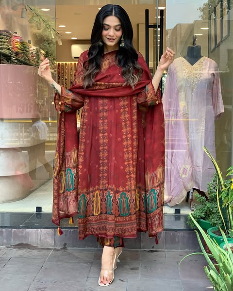 Beautiful pure premium chiffon digital printed Anarkali set with handwork on neck it has attached lining paired up with santoon slik pant and Organza digital printed dupatta sets