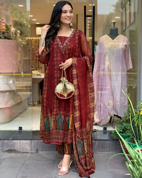 Beautiful pure premium chiffon digital printed Anarkali set with handwork on neck it has attached lining paired up with santoon slik pant and Organza digital printed dupatta sets