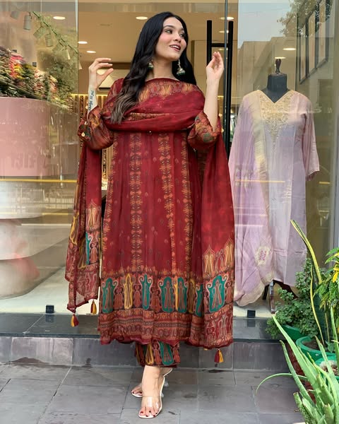 Beautiful pure premium chiffon digital printed Anarkali set with handwork on neck it has attached lining paired up with santoon slik pant and Organza digital printed dupatta sets