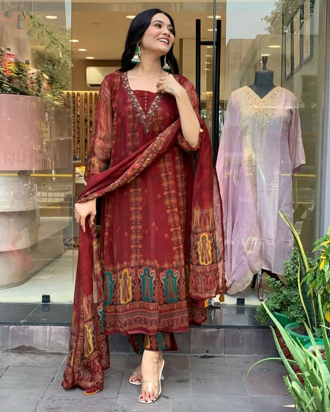 Beautiful pure premium chiffon digital printed Anarkali set with handwork on neck it has attached lining paired up with santoon slik pant and Organza digital printed dupatta sets