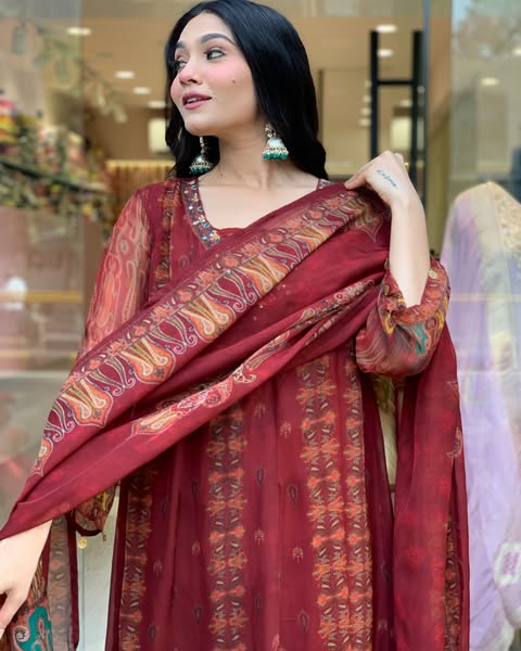 Beautiful pure premium chiffon digital printed Anarkali set with handwork on neck it has attached lining paired up with santoon slik pant and Organza digital printed dupatta sets