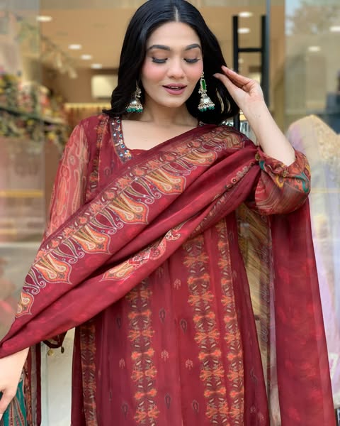 Beautiful pure premium chiffon digital printed Anarkali set with handwork on neck it has attached lining paired up with santoon slik pant and Organza digital printed dupatta sets