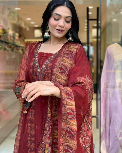 Beautiful pure premium chiffon digital printed Anarkali set with handwork on neck it has attached lining paired up with santoon slik pant and Organza digital printed dupatta sets