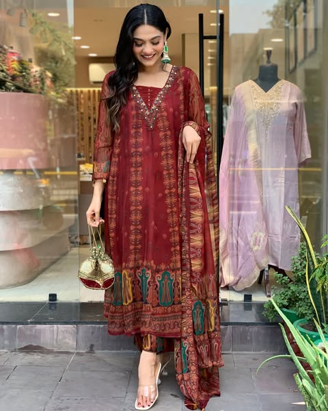 Beautiful pure premium chiffon digital printed Anarkali set with handwork on neck it has attached lining paired up with santoon slik pant and Organza digital printed dupatta sets