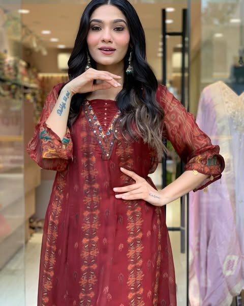 Beautiful pure premium chiffon digital printed Anarkali set with handwork on neck it has attached lining paired up with santoon slik pant and Organza digital printed dupatta sets