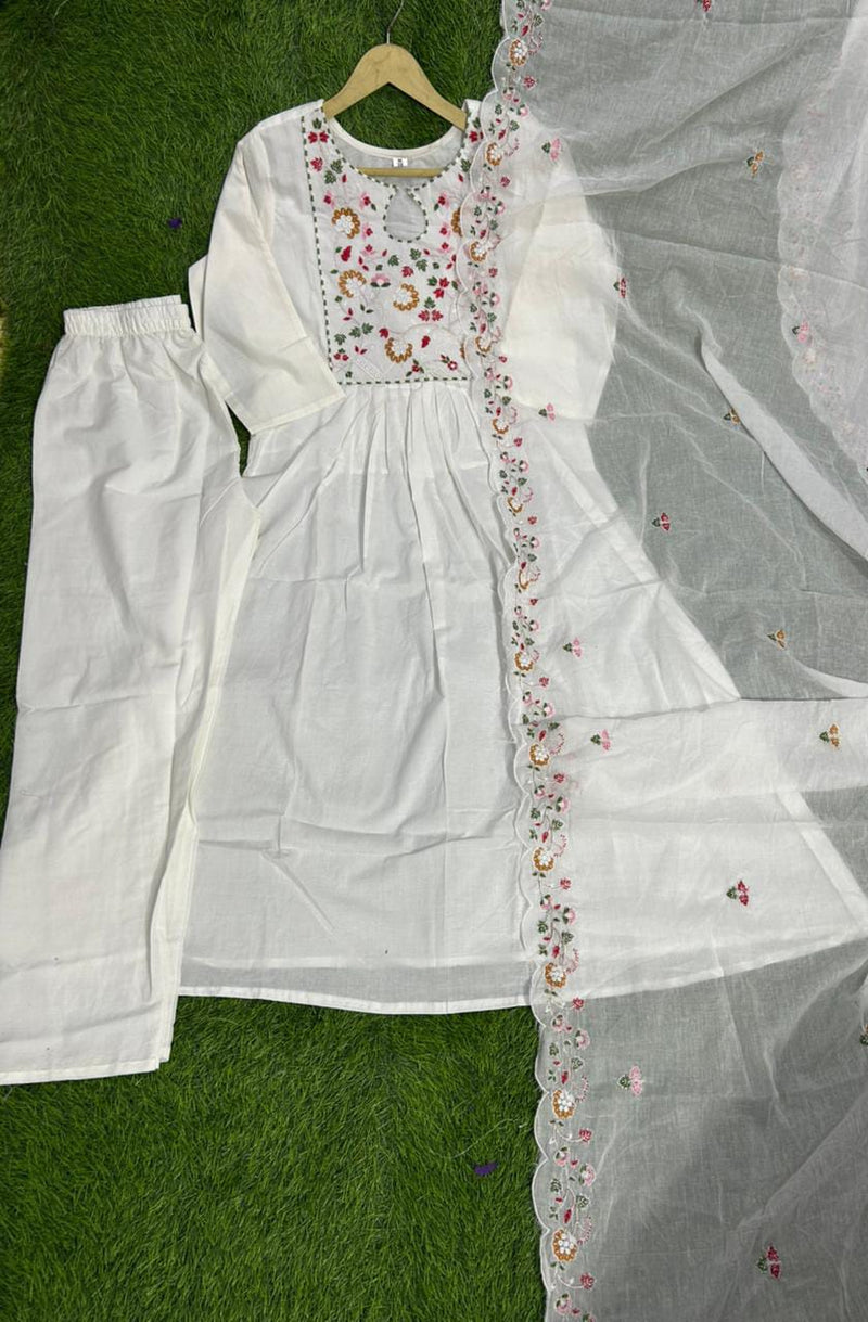 Pure Cotton60-60 super quality kurta with beautiful emb neck yoke &amp; cotton pant with emb full malmal cotton dupatta.