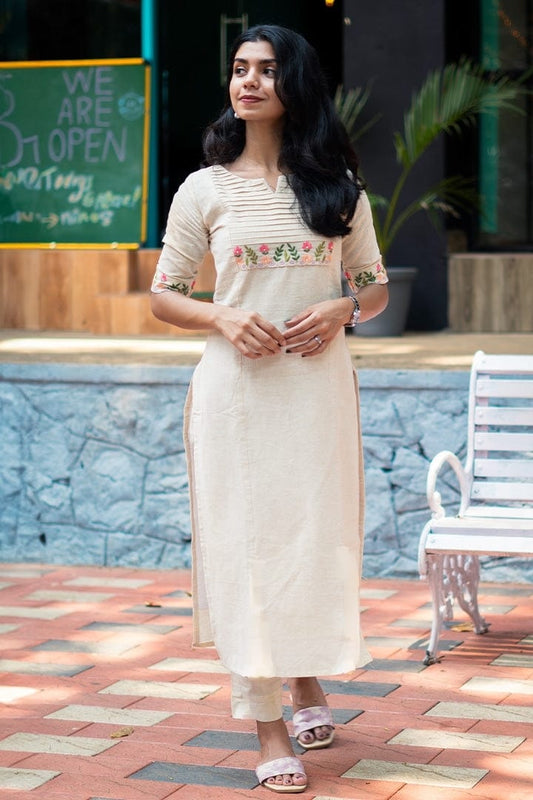 Classy Cotton Flex Off-White Kurta With Embroidered Yoke (WACD44)