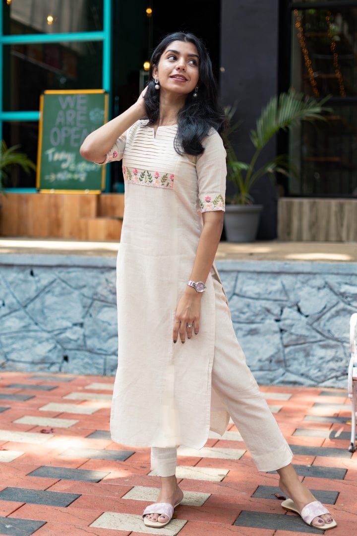 Classy Cotton Flex Off-White Kurta With Embroidered Yoke (WACD44)