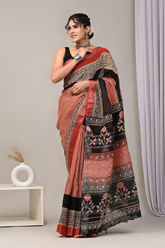 Hand Block Printed Linen Saree With Unstitched Blouse (SWSRLIL01)