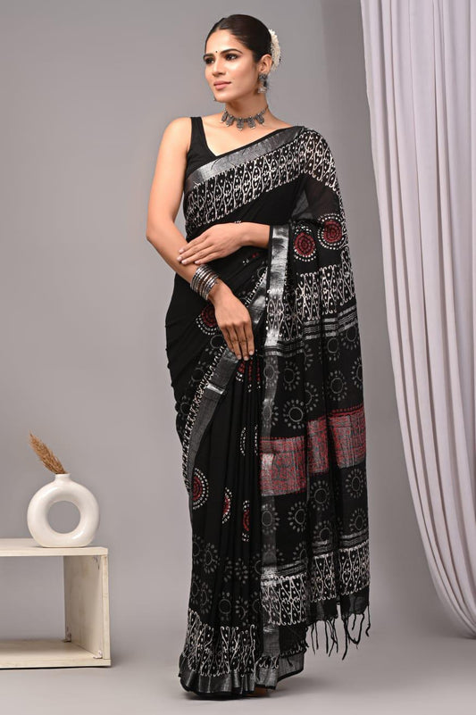 Hand Block Printed Linen Saree With Unstitched Blouse (SWSRLIL01)