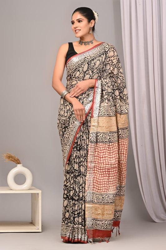 Hand Block Printed Linen Saree With Unstitched Blouse (SWSRLIL01)