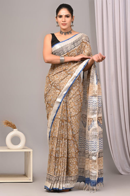 Hand Block Printed Linen Saree With Unstitched Blouse (SWSRLIL01)