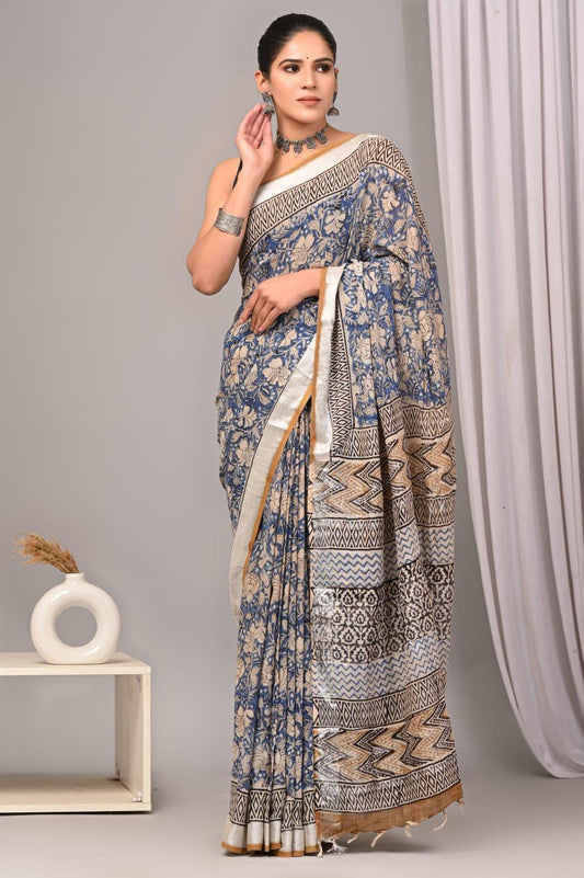 Hand Block Printed Linen Saree With Unstitched Blouse (SWSRLIL01)