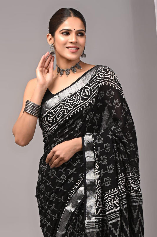 Hand Block Printed Linen Saree With Unstitched Blouse (SWSRLIL01)