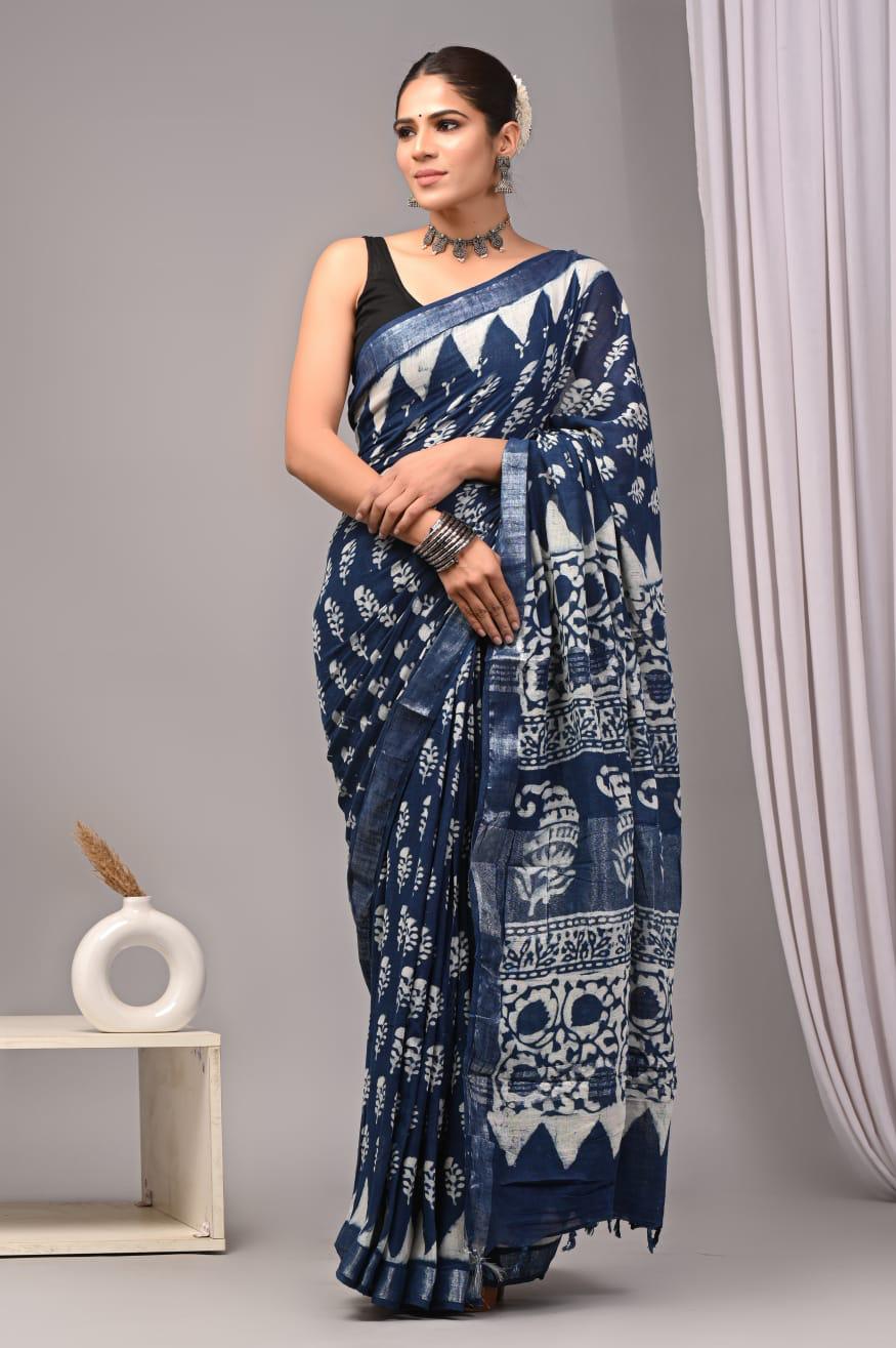 Hand Block Printed Linen Saree With Unstitched Blouse (SWSRLIL01)