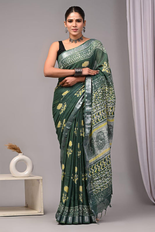 Hand Block Printed Linen Saree With Unstitched Blouse (SWSRLIL01)