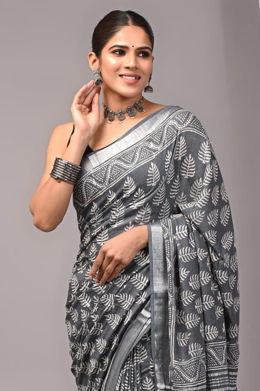 Hand Block Printed Linen Saree With Unstitched Blouse (SWSRLIL01)