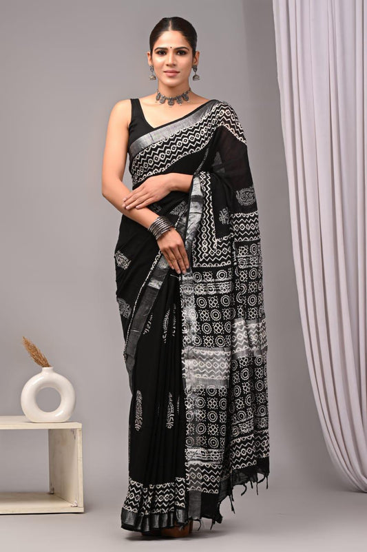 Hand Block Printed Linen Saree With Unstitched Blouse (SWSRLIL01)