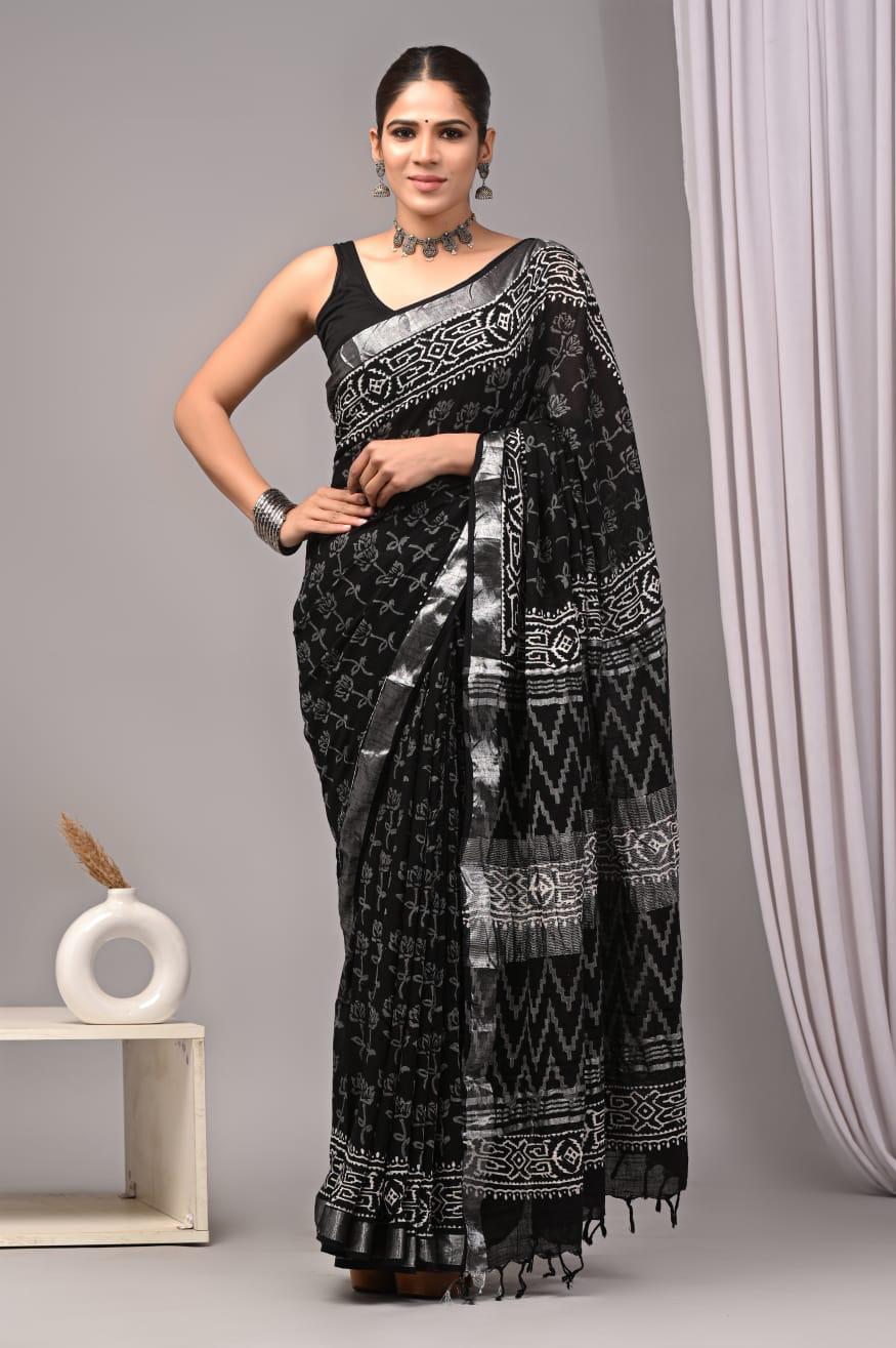 Hand Block Printed Linen Saree With Unstitched Blouse (SWSRLIL01)