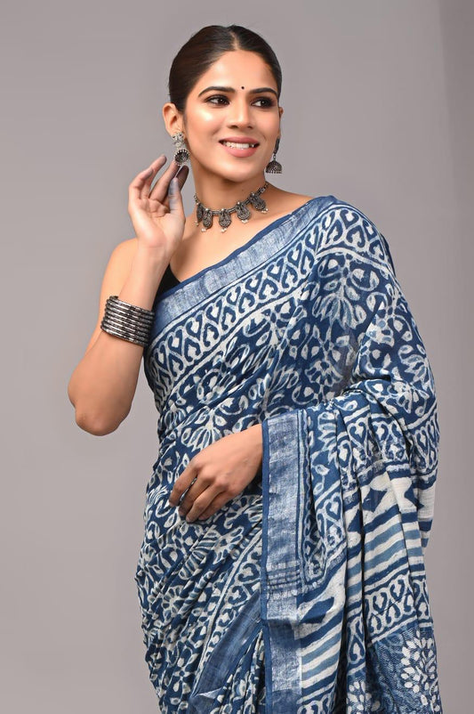 Hand Block Printed Linen Saree With Unstitched Blouse (SWSRLIL01)