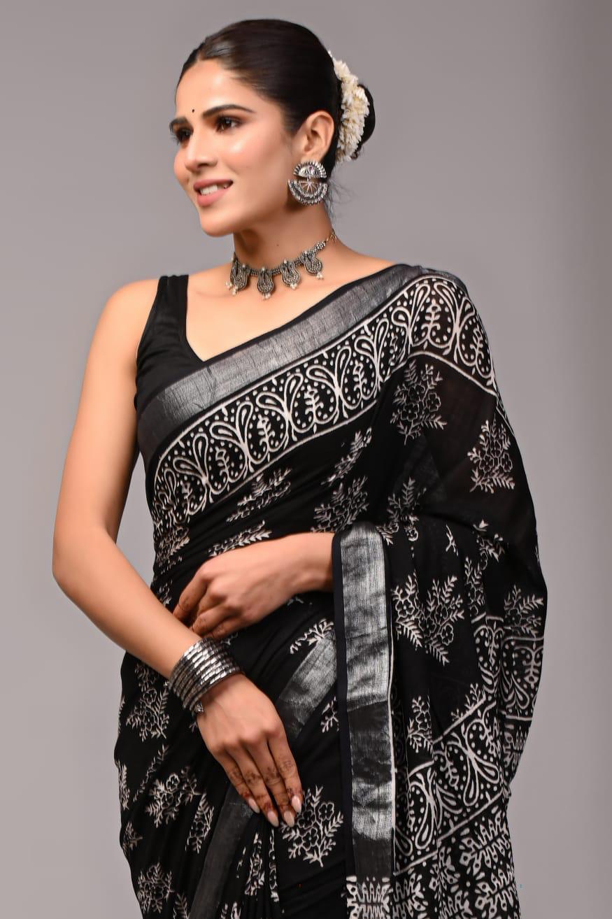 Hand Block Printed Linen Saree With Unstitched Blouse (SWSRLIL01)