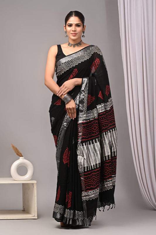 Hand Block Printed Linen Saree With Unstitched Blouse (SWSRLIL01)