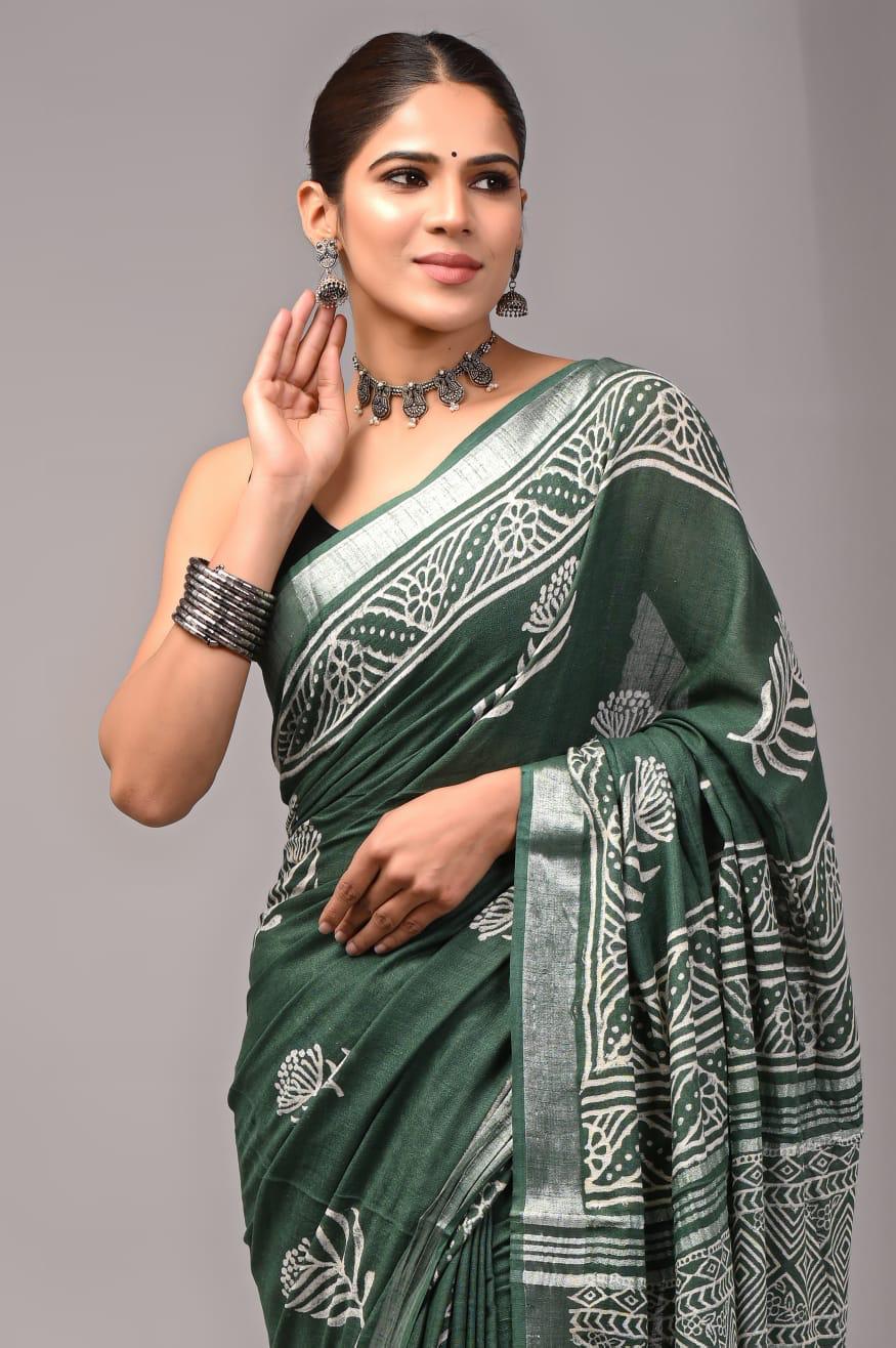 Hand Block Printed Linen Saree With Unstitched Blouse (SWSRLIL01)