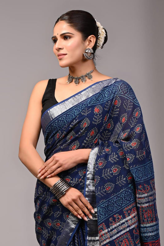 Hand Block Printed Linen Saree With Unstitched Blouse (SWSRLIL01)