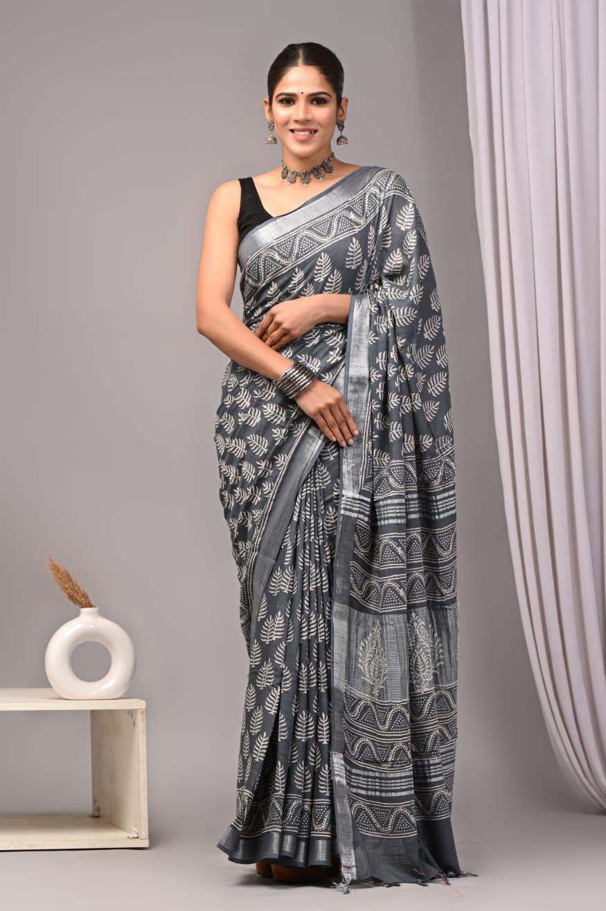 Hand Block Printed Linen Saree With Unstitched Blouse (SWSRLIL01)