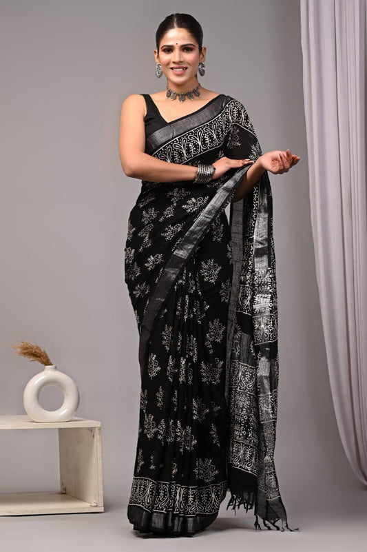 Hand Block Printed Linen Saree With Unstitched Blouse (SWSRLIL01)