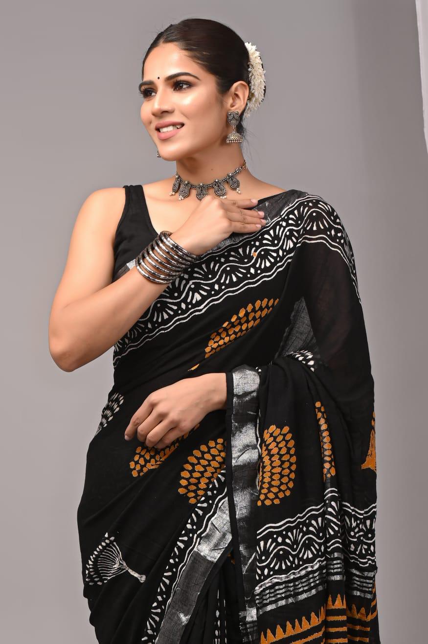 Hand Block Printed Linen Saree With Unstitched Blouse (SWSRLIL01)