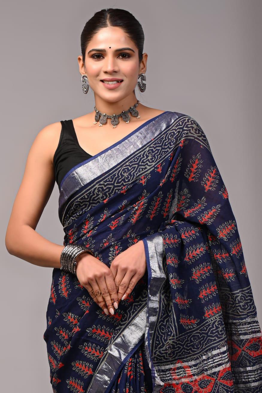 Hand Block Printed Linen Saree With Unstitched Blouse (SWSRLIL01)