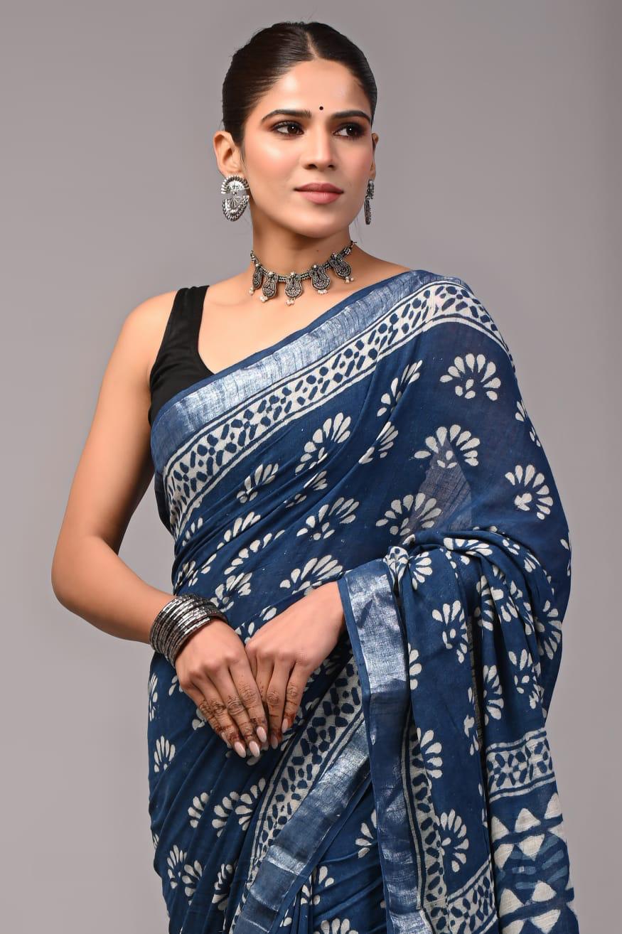 Hand Block Printed Linen Saree With Unstitched Blouse (SWSRLIL01)