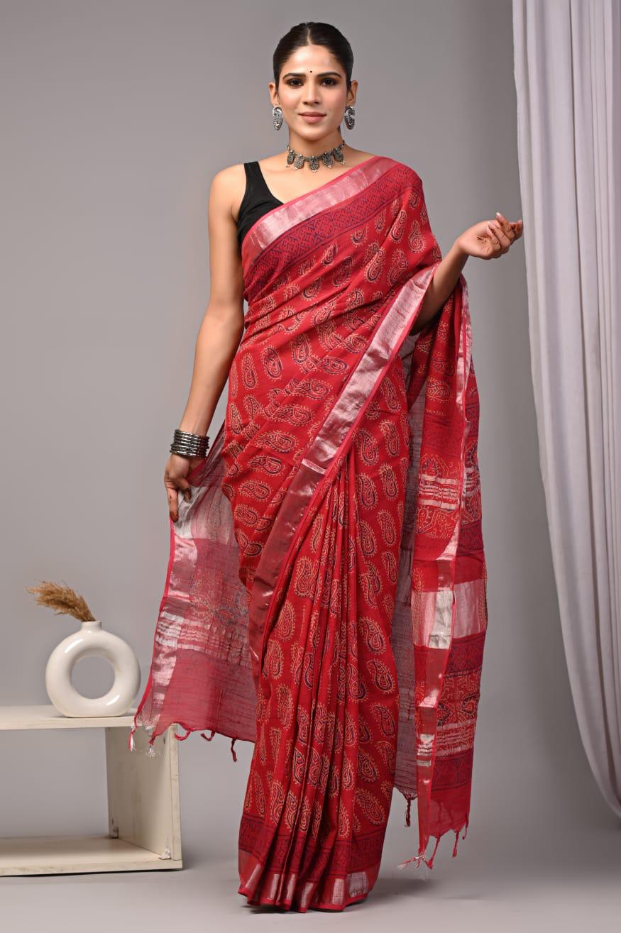 Hand Block Printed Linen Saree With Unstitched Blouse (SWSRLIL01)