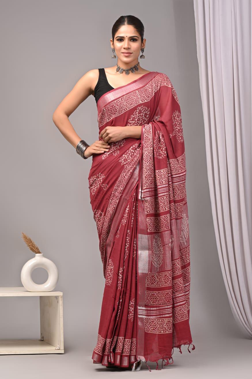 Hand Block Printed Linen Saree With Unstitched Blouse (SWSRLIL01)