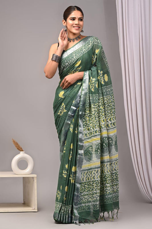 Hand Block Printed Linen Saree With Unstitched Blouse (SWSRLIL01)